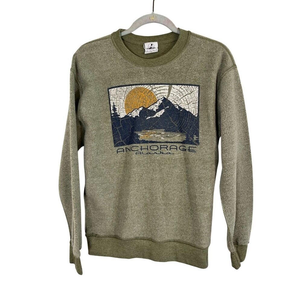 Anchorage Alaska Sunset Graphic Crew Sweatshirt S Green Fleece Mountains 80s